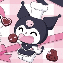 kuromi is wearing a chef hat and holding a heart shaped chocolate .