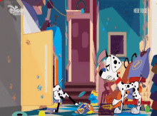 a dalmatian dog is cleaning a messy room with a vacuum cleaner