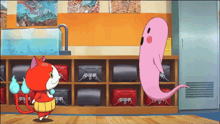 a cartoon character standing next to a pink ghost