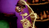 a skeleton wearing a hat stands in front of a shelf