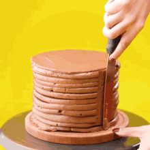 a person is cutting a cake with a knife on a turntable