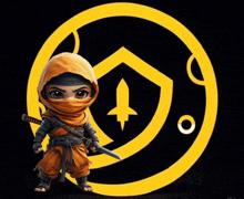 a ninja holding a sword in front of a yellow shield with a rocket on it