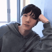 a close up of a person wearing a hoodie with their hand on their head .