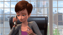 a cartoon woman is talking on a cell phone in front of a window