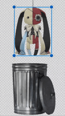 a trash can with a picture of a doll on it