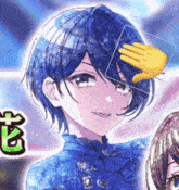 a drawing of a girl with blue hair and a yellow hand on her forehead