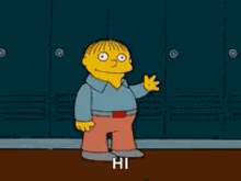 a cartoon character from the simpsons is standing in front of a row of lockers and waving .