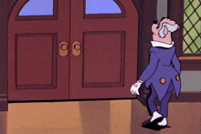 a cartoon character is standing in front of a door with the letter o on it