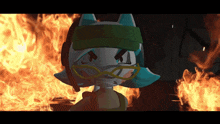 a cartoon character wearing a green hat and glasses is standing in front of a fire