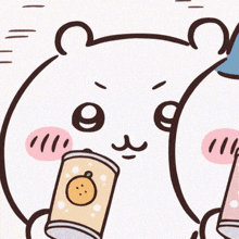 a cartoon drawing of a bear holding a can with an orange on it