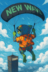 a frog is flying through the air with a new wave parachute