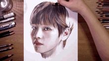 a person is drawing a portrait of a young boy