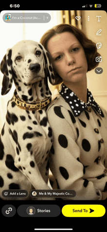 a dalmatian is sitting next to a woman in a polka dot dress
