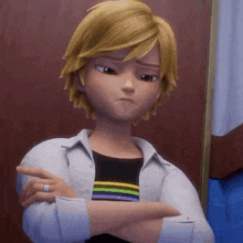a cartoon character with his arms crossed and a ring on his finger .