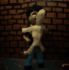 a cartoon character is standing next to a stuffed animal against a brick wall