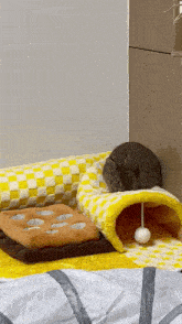 a small animal is sleeping on a bed with a yellow and white checkered blanket