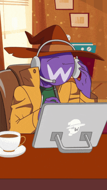 a cartoon of a man wearing headphones and a hat with the letter w on it