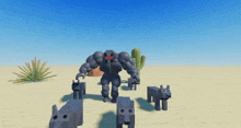a robot with red eyes is standing next to a group of wolves