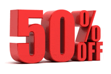 a red 50 percent off sign on a white background