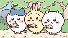 a cartoon of a cat a rabbit and a bear standing next to each other