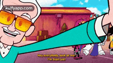 a cartoon of a man wearing sunglasses and a blue shirt talking to a woman .