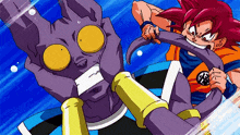 a cartoon of a man fighting a purple monster with a sword .