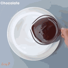 a person pouring chocolate into a white plate