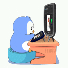 a cartoon of a penguin sitting at a desk with the word pengu on the table