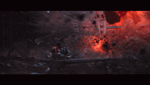 a red lightning bolt is coming from the ground in a dark room