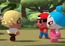 a boy and two girls are standing next to each other in a cartoon scene