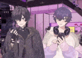 two anime characters standing next to each other with one holding a phone