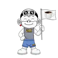 a cartoon character holding a flag and a cup of coffee