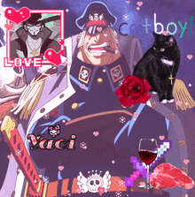 a picture of a man with a sword and a black cat with the word cowboy on the bottom