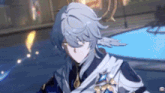 a close up of a person 's face in a video game with a blue background
