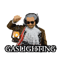a man in a patriotic costume is holding a lantern and the word gaslighting is behind him