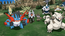 a group of pokemon are standing in a grassy field with a brick wall in the background