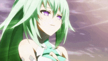 a girl with green hair and purple eyes looks at the camera