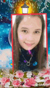a picture of a girl in a frame with flowers and a lantern in the background