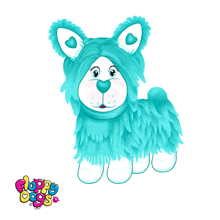 a blue stuffed animal with hearts on its ears and the word fluffy dogs below it
