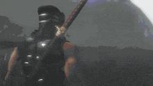 a ninja holding a sword in front of a torii gate