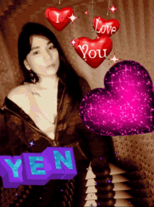 a woman is surrounded by hearts that say i love you on them