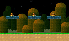 a video game scene with a brick wall and trees in the background