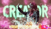 a woman in a hijab is standing in front of a large creator sign