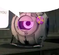 a robot with a purple eye and a badge that says #love on it