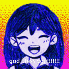 a girl with blue hair is laughing with the words `` god bless you '' written below her .
