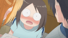 a girl with a surprised look on her face is surrounded by other people