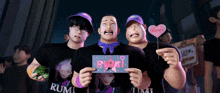 three men are holding a sign that says rumi on it