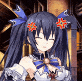 a girl with a blue bow on her hair has a sticker on her forehead that says " angry "
