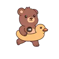 a brown teddy bear is carrying a yellow rubber duck on his back
