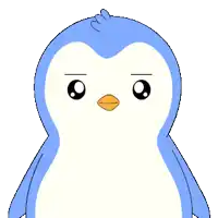 a blue and white penguin with a red beak is making an angry face